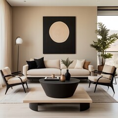 Fototapeta premium A modern living room featuring sculptural black accent furniture, soft beige and cream textiles, abstract wall art in warm neutral tones, natural light filtering through sheer curtains, minimalistic a