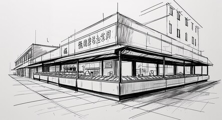 Sushi conveyor belt restaurant shop building design in sketch hand drawing black and white on plain white background