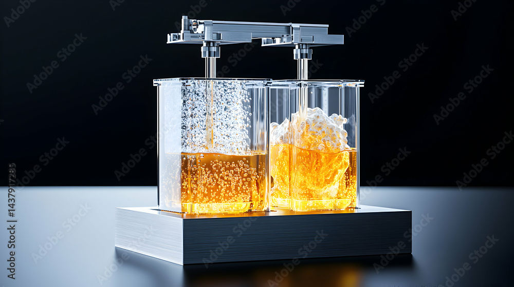 Poster this image shows a laboratory setup with two beakers containing a yellowish liquid and robotic arms 