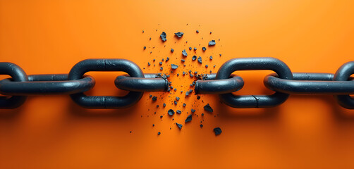A close up of a broken chain on an orange background.