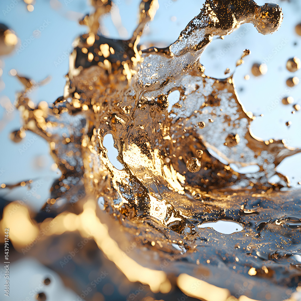 Poster a detailed macro shot of fluid splashes in a golden color. ideal for abstract art visuals and produc