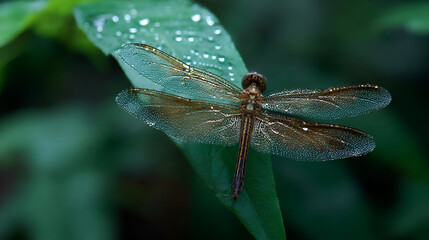 A dragonfly resting on a wet leaf after a light rain, its wings glistening with water droplets. The backdrop of the wet forest adds to the tranquil, refreshing atmosphere.