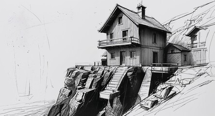 Tiny cliff village house building design in sketch hand drawing black and white on plain white background