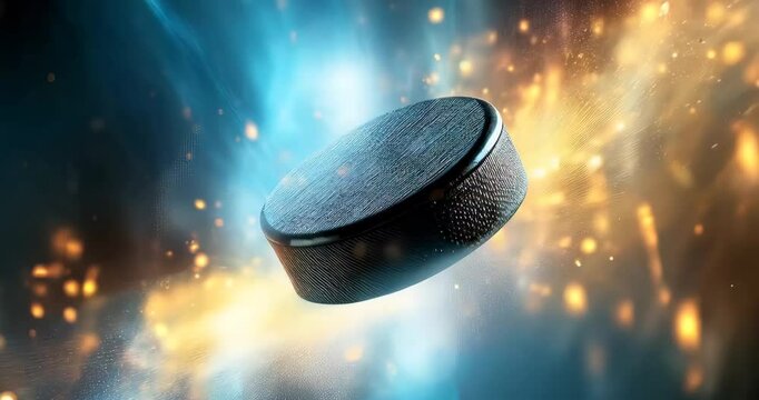 Ice hockey puck poster on fire background. Template for bookmaker ads with copy space. Mockup for betting advertisement. Sports betting application, hockey betting, gambling, bookmaker