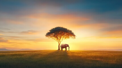 Lone elephant silhouetted by the setting sun, loxodonta na in its natural n habitat
