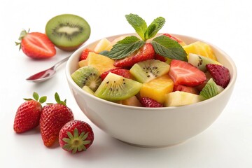 Bowl of fresh fruit salad isolated on white background