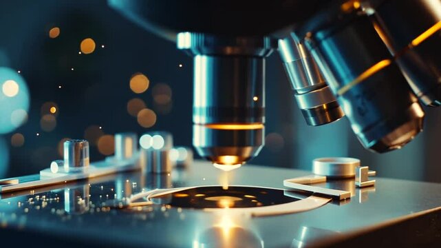 Close-up of laboratory microscope with bokeh and floating particles, scientific research