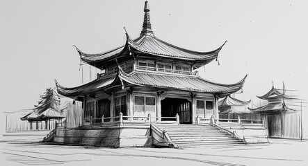 Traditional Asian pagoda building design in sketch hand drawing black and white on plain white background