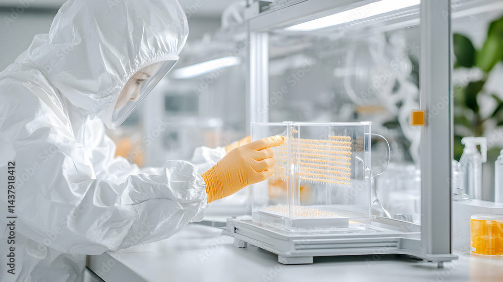 Poster scientist in protective suit conducting experiments in a lab. this image is ideal for illustrating s