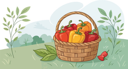 Capsicum Illustration vector design, Capsicum in basket in natural background vector design