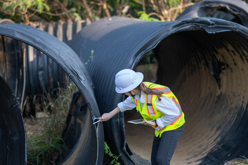 Construction surveyor or engineer working inspection damaged black corrugated pipe and construction...