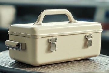 Cream-colored metal toolbox resting on a surface.