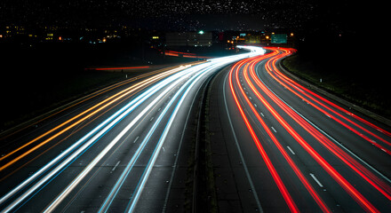 Highway Nightscape Captured With Long Exposure Technique Revealing Light Trails
