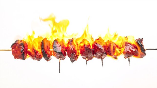 A Flaming Bar B Q With a Glowing Red and Yellow Blaze Isolated a White Background