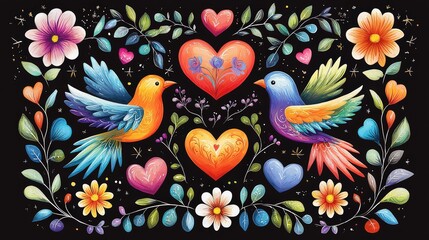 Fototapeta premium folk love symbols with vibrant hearts, birds, and flowers in Otomi style, scattered across a white canvas