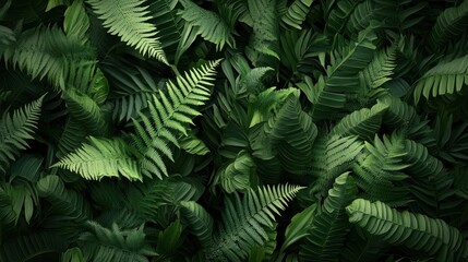Obraz premium Lush green fern foliage in a dense tropical background.