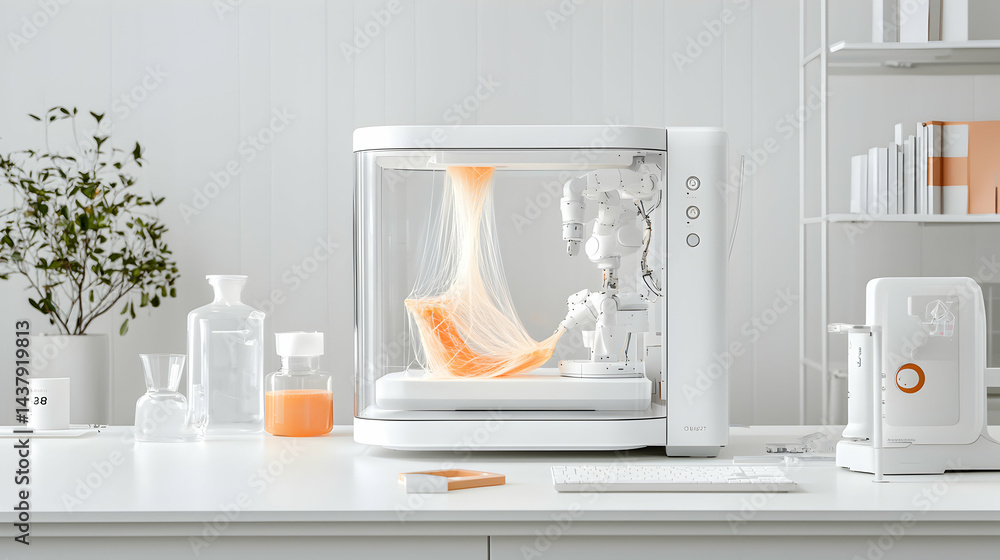 Poster a futuristic lab setup with a robotic arm creating a structure. suggests advanced technology in mate