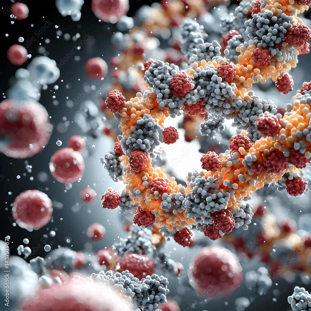 Poster an abstract depiction of microscopic structures resembling cells or molecules. ideal for scientific 
