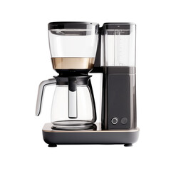 A modern coffee maker with glass carafe and water reservoir on a black surface transparent background png
