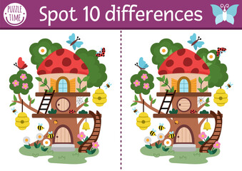 Find differences game for children. Fairyland educational activity with cute fairy bug tree house. Magic forest puzzle for kids. Fairytale printable worksheet, page for attention with fantasy home