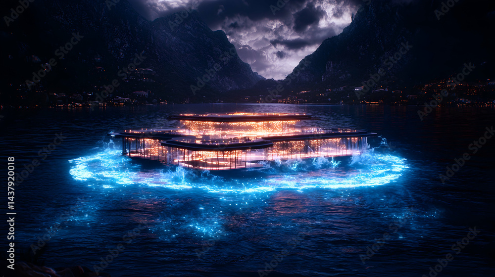 Poster a futuristic floating structure glows brightly on a dark lake surrounded by mountains. this image co