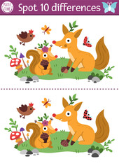Find differences game for children. Fairyland educational activity with cute squirrel with acorn and fox on meadow. Magic forest puzzle for kids. Fairytale printable worksheet, page woodland animal