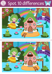 Fototapeta premium Find differences game for children. Fairyland educational activity with landscape with swamp fairy and house. Magic forest puzzle for kids. Fairytale printable worksheet, page with fantasy girl