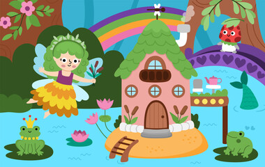 Vector fairyland background with swamp fairy, mermaid house, reeds. Magic land landscape. Woodland scenery with cute princess and rainbow. Fantasy forest scene illustration. Fairytale picture