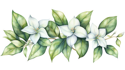 A delicate watercolor illustration of white flowers and lush green leaves, intricately detailed and elegantly arranged, showcasing nature's beauty in a serene composition.