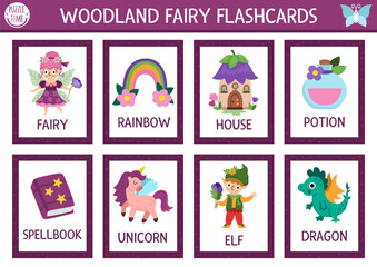 Vector fairyland flash cards set with fairy, rainbow, house, dwarf, elf, dragon, potion. English language game for kid. Magic woods flashcards. Fairytale forest nature educational printable worksheet