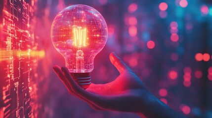 Hand holding glowing lightbulb against vibrant digital backdrop.
