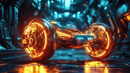 Futuristic golden vehicle in a glowing tunnel