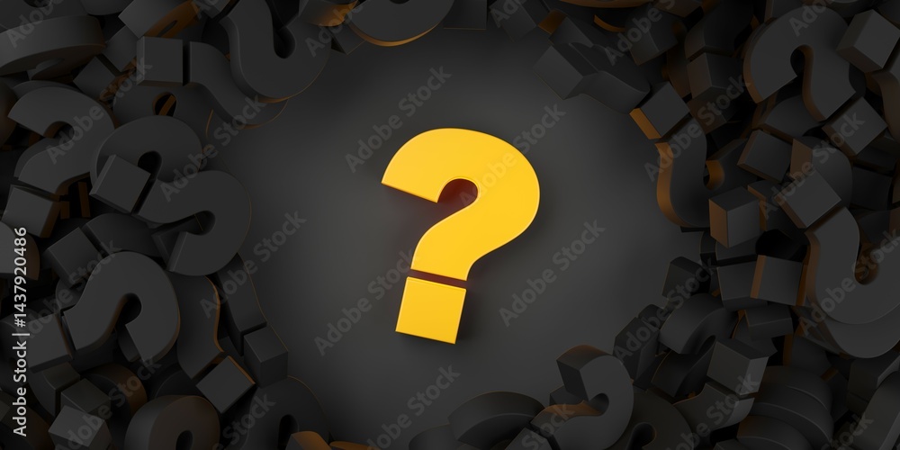 Poster circular ring of black question marks with a yellow one in the center on black background, faq or pr