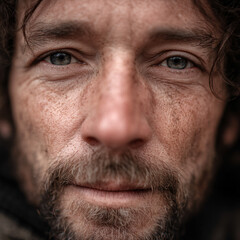 Obraz premium closeup portrait of middle aged man with full beard captured against neutral background, serious introspective expression emphasizing natural facial features emotional depth authenticity and character