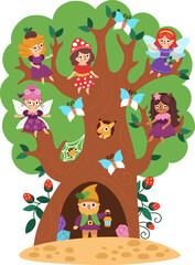 Cute landscape with dwarf and woodland fairies sitting on tree branches. Vector fairyland background. Woodland scenery. Fantasy forest scene illustration. Fairytale world picture with magic creatures