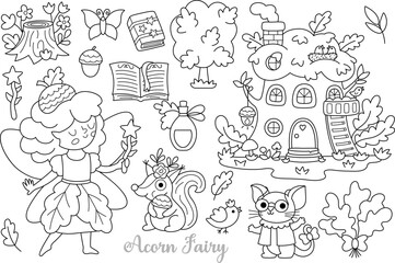 Vector black and white acorn fairy clipart set. girl line icons. Woodland princess collection. Fantasy, fairytale forest illustrations. Magic creature coloring page with butterfly, house, spell book