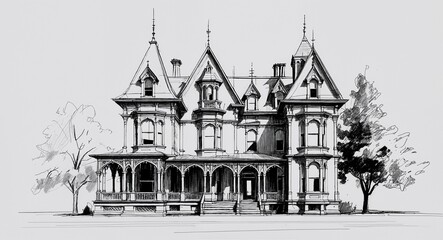 Obraz premium Victorian Gothic mansion building design in sketch hand drawing black and white on plain white background