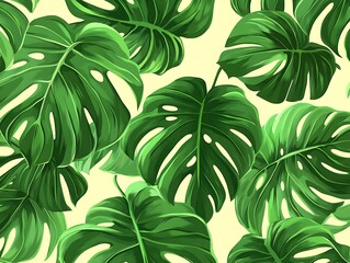 Lush vibrant green tropical leaves on a pale yellow background