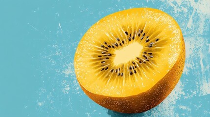 Bright Yellow Kiwi Fruit Halved on Textured Blue Background for Fresh and Healthy Food Concepts
