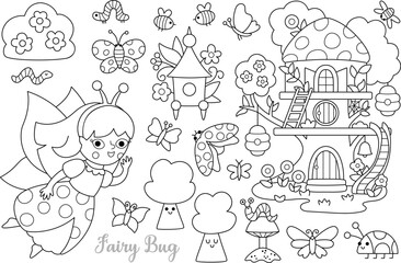 Vector black and white fairy bug clipart set.  girl line icon. Woodland princess collection. Fantasy, fairytale forest illustrations. Magic creature coloring page with butterfly, ladybird, tree house