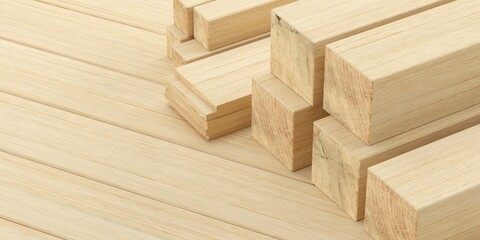 Stacked construction timber wood beams and planks on wooden background, construction industry or material concept with copy space