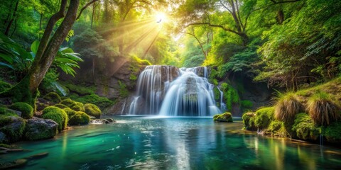 Obraz premium Pristine Waterfall, Crystal Clear Pool, Temperate Forest, High Resolution, Nature Photography, HD Wallpaper, Lush Greenery