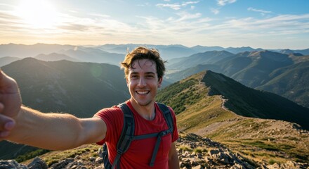 Naklejka premium A cheerful solo traveler taking a selfie at the top of a mountain with breathtaking panoramic views