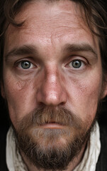 Obraz premium closeup portrait of middle aged man with full beard captured against neutral background, serious introspective expression emphasizing natural facial features emotional depth authenticity and character