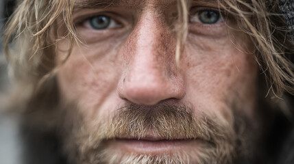 Obraz premium closeup portrait of middle aged man with full beard captured against neutral background, serious introspective expression emphasizing natural facial features emotional depth authenticity and character