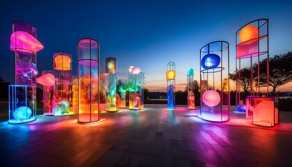 vibrant contemporary art installation featuring illuminated sculptures in various shapes and colors creating a dynamic visual experience