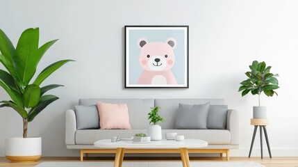 Modern living room with framed pink bear artwork in clean lines and soft pastel tones on white wall