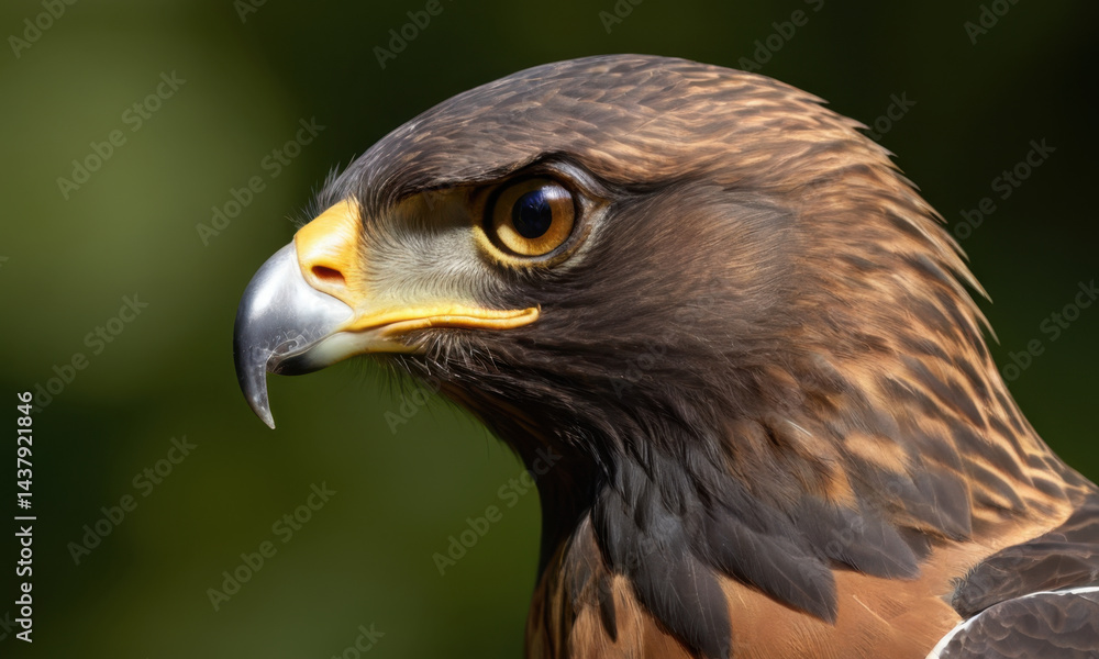 Poster a close-up image of a bird of prey's face, with sharp features and piercing eyes