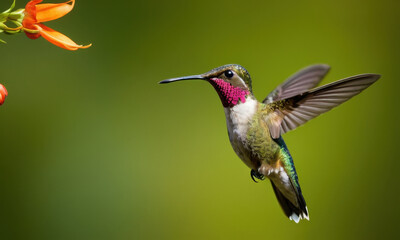 Fototapeta premium A small hummingbird hovers around a colorful flower, collecting nectar