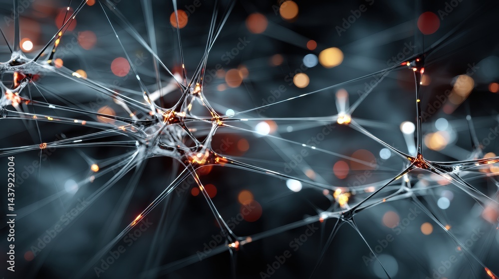 Poster Neural Network Structure Illuminated by Sparks Highlighting Dynamic Connections and Nodes in a Digital Landscape